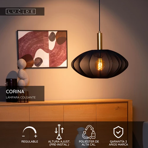 Lucide CORINA - Lámpara colgante - Ø 50 cm - 1xE27 - Negro - USP